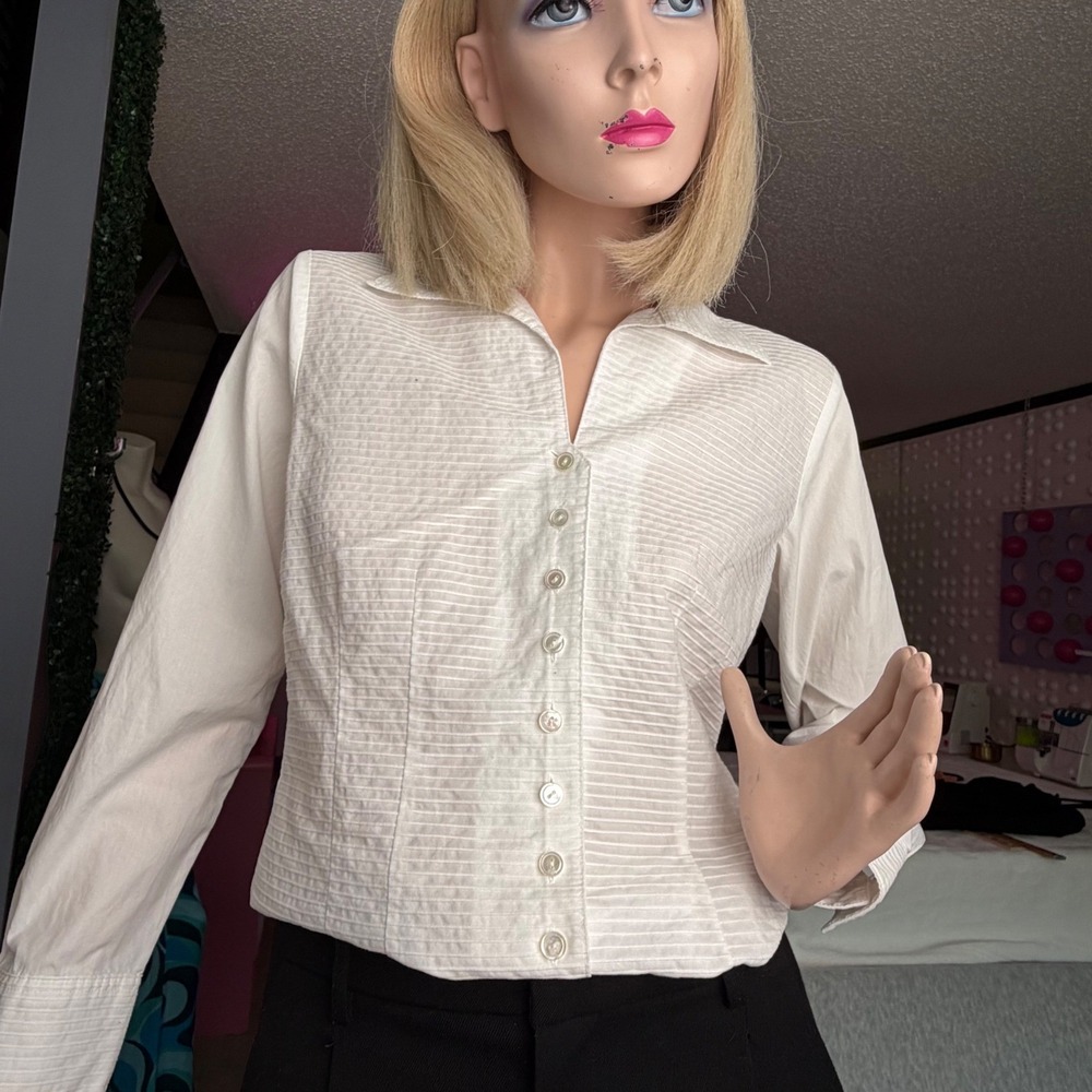 Talbots White Textured Button Down Shirt Ribbed Pintuck CoastalGrandmother Sz 4